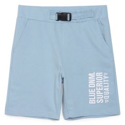 ALAN JONES Cotton Blend Knit Blue DNM Text Printed Buckle Closure Shorts - Light Blue-image-1