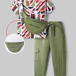 OLLINGTON ST. Cotton Half Sleeves Printed T-Shirt & Knit Joggers with Pouch Bag- Multicolor & Green-picture-8