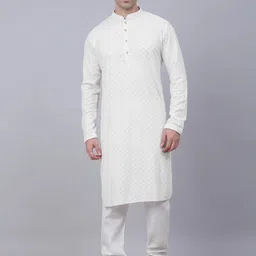 KUNDALI KAKSHAY Men Ethnic Motifs Embroidered Regular Chikankari Kurta with Churidar-image-59
