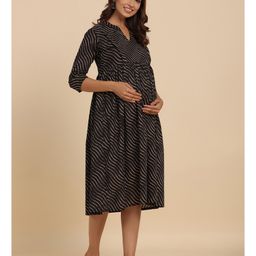 CRAFIQA Three Fourth Sleeves Abstract Printed Maternity Dress With Concealed Zipper Nursing Access - Black image 5