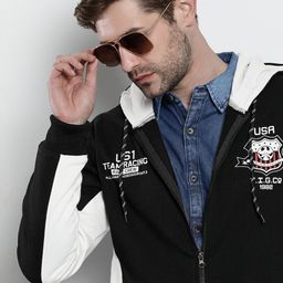 The Indian Garage Co Men Black & White Colourblocked Hooded Sweatshirt-image-94