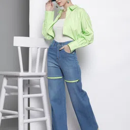 SASSAFRAS Women Blue Comfort Straight Fit High-Rise Low Distress Light Fade Stretchable Jeans-44