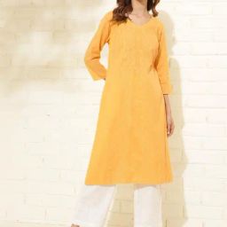Fabindia Yellow Cotton Embroidered Straight Kurta-image-71
