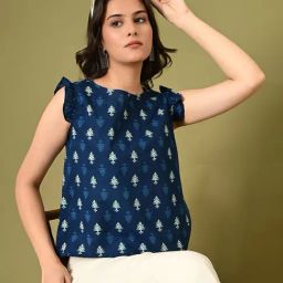 DECKEDUP Blue & White Cotton Printed Top-22