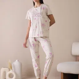 Sweet Dreams Beige Cotton Printed T-Shirt With Joggers-picture-33