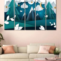 999Store Green & White Mountains and Tree Art 5 Frame MDF Paintings-32