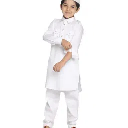 VASTRAMAY Kids White Cotton Pathani Kurta Set-image-35