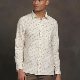 Turtle Beige Khadi Slim Fit Printed Shirt-image-8