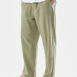 Snitch Men Olive Striped Straight Fit Trousers-image-25