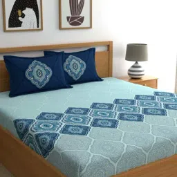 Dreamscape Teal Blue Cotton 144 TC King Bedsheet with 2 Pillow Covers-image-10