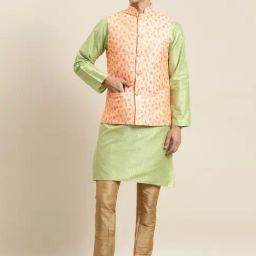 Sojanya Green & Peach Regular Fit Self Pattern Kurta Set With Jacket-image-65