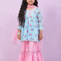 BIBA Girls Blue & Pink Floral Print Kurta, Sharara with Dupatta-image-31