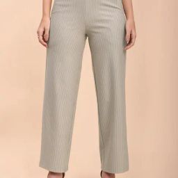 Fablestreet Light Beige Striped Flared Fit Mid Rise Pants-image-71