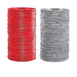 Guddan Set of 96 Red & Grey Metal Bangles-image-53
