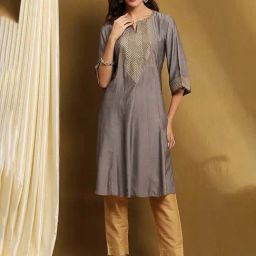 Biba Grey Polyester Blend Self Design 3/4th Sleeve Kurta-picture-26