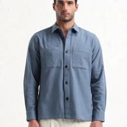 SHOW OFF Blue Cotton Slim Fit Solid Shacket-image-97