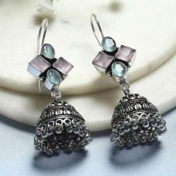 Biba Mint Green Pink Brass Jhumka Earrings for Women-image-93