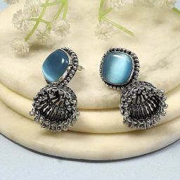Biba Light Blue Brass Jhumka Earrings for Women-3