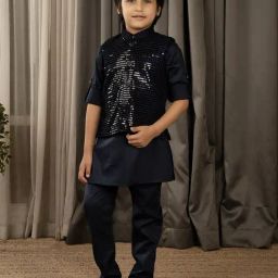 Ministitch Boys Navy Blue Cotton Regular Fit Kurta Set-61