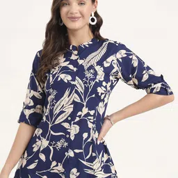 KALINI Floral Print Mandarin Collar Roll-Up Sleeves Ethnic Shirt Style Top-image-86