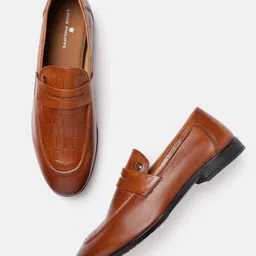 Louis Philippe Leather Croc Textured Formal Penny Loafers-image-9