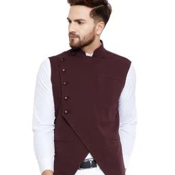 Hypernation Burgundy Solid Mandarin Collar Waistcoat-image-1