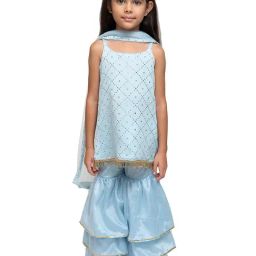 Fairies Forever Kids Blue Embroidery Kurta, sharara With Dupatta-image-30