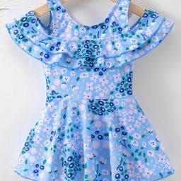 Kookie Kids Cold Shoulder Sleeves Frock Swimsuit Floral Print- Blue-24