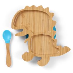 Dragon Shaped Bamboo Wooden 2 Compartment Section Plate with Spoon Suction Base - Beige & Blue-16