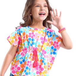 Babyhug 100% Cotton Knit Half Sleeves Kaftan Style Top With Tassel Detailing & Floral Print - WHite-image-45