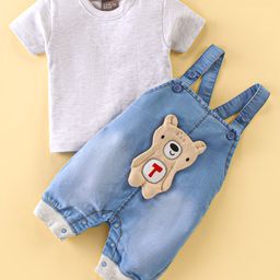 Little Kangaroos Cotton Knit Teddy Applique Dungaree with Solid Colour T-Shirt - Light Blue-image-91