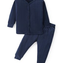 Babyhug Front Open Full Sleeves Solid Colour Thermal Vest & Legging Set - Navy Blue-image-7