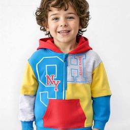 Babyhug Cotton Knit Full Doctor Sleeves Hooded Sweatshirt with Cut & Sew Design & Text Print - Multicolour-image-96