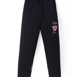 Doreme Lycra Knit Full Length Lounge Pants With Heart Print - Black-image-56