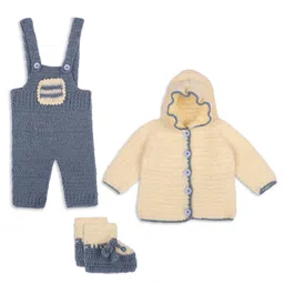Windrop Solutions Full Sleeves Crochet Hooded Solid Sweater With Coordinating Dungaree & Booties Set - Beige-picture-48