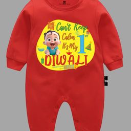 The Peppy Tend Diwali Theme 100% Cotton Full Sleeves Cant Keep Calm Its My 1st Diwali Text Printed Romper - Red-picture-46