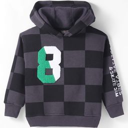 Little Kangaroos Fleece Knitted Full Sleeves Checkered Hooded Sweatshirt with Text Print - Black-image-55