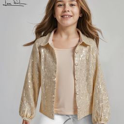 Arias Woven Full Sleeves Front Open Party Top & Solid Colour Inner Tee With Sequin Detailing - Golden-image-1