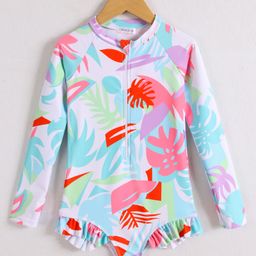 Mark & Mia Full Sleeves V Cut Swimsuit With Leaf Print - White-image-80