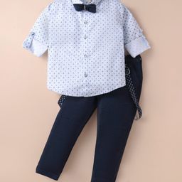 Dapper Dudes Full Sleeves Abstract Printed Shirt With Pant Suspender & Bow Set - Blue-image-33