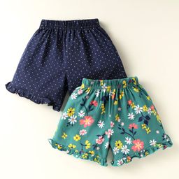 Simply Sinker Knit Knee Length Shorts With Polka Dots & Floral Print with Frill Detailing Pack Of 2 - Navy Blue & Teal Blue-image-59