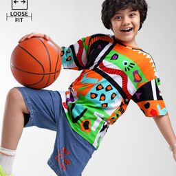 Ollington St. Cotton Knit Half Sleeves Printed T-Shirt & Stretchable Denim Shorts Set - Multicolor & Indigo-picture-22