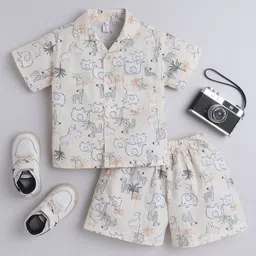 The Magic Wand Cotton Woven Half Sleeves Wild Animals Printed Coordinating Night Suit Set - Beige-picture-33