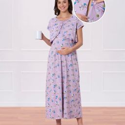 Bella Mama Cotton Knit Half Sleeves Concealed Zipper Floral Print Nighty - Lilac-picture-38