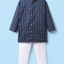 Dapper Dudes Full Sleeves Ikkat Printed Kurta Pyjama Set - Navy Blue-picture-39