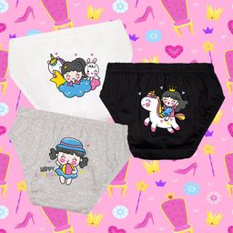NUSYL Cotton Pack Of 3 Cute Girl & Unicorn Printed Panties - White & Black & Grey-image-76
