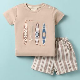 Ollypop Sinker Knit Half Sleeves T-Shirt & Shorts Set With Surfboard Print & Embroidery - Ivory-image-6