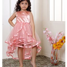 Toy Balloon Kids Net Sleeveless Bow Applique Detailed Layered High Low Dress - Peach-image-72