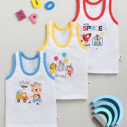 BUMZEE Cotton Pack Of 3 Sleeveless Space Theme & Baby Animals Printed Vests - White-image-90