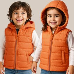 Babyhug Woven Sleeveless Solid Padded Hooded Jacket - Orange-picture-34